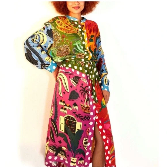 FARM RIO Earth Rainbow Long Sleeve Shirtdress Multicolor Size L - Picture 3 of 8